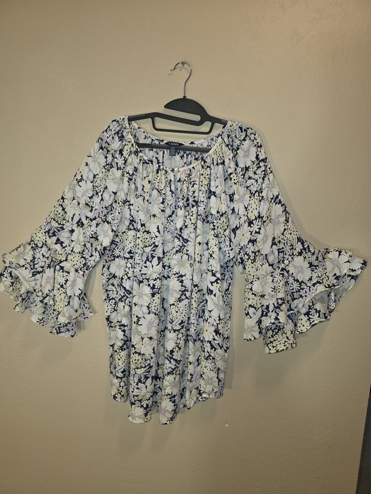 Chaps Floral Ruffle Pleated Chiffon Button Blouse Navy White 3/4 Bell 1X