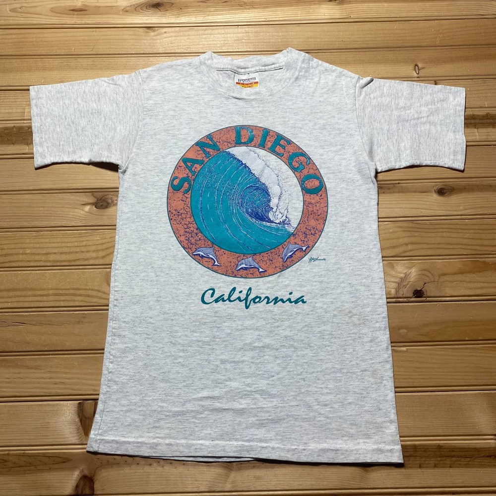 Vintage 90s San Diego California Ocean Wave Dolphins Graphic T-Shirt USA - Small