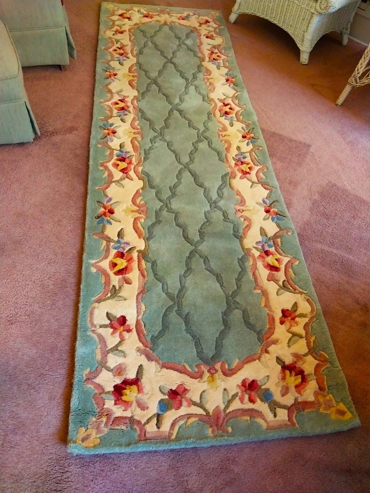 Clara's Garden PURE WOOL RUNNER RUG Sage Green/Floral