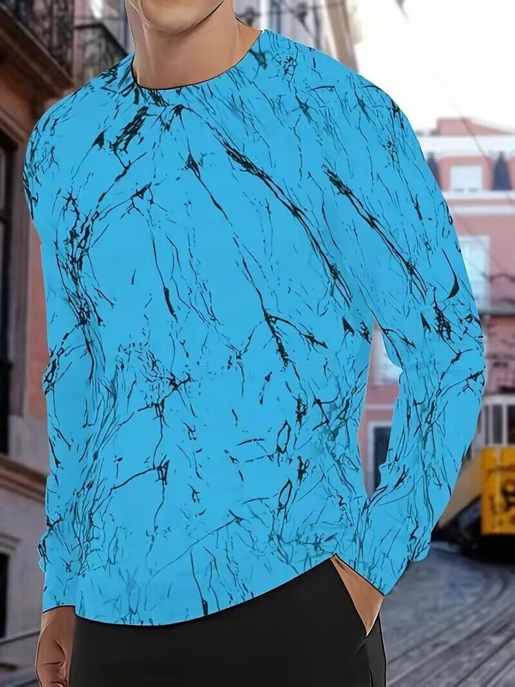 T-Shirt Men Long Sleeve Blue Black Abstract Graphic Print Fashion Streetwear Tee-image