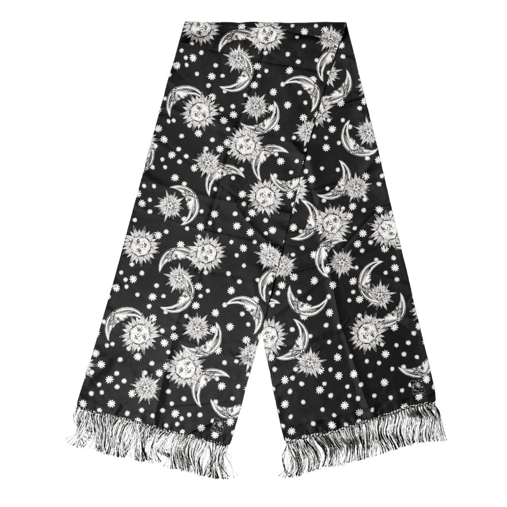 DOLCE & GABBANA Scarf Black Silk Sun Moon Star Fringe Foulard 178cm X 33cm $310