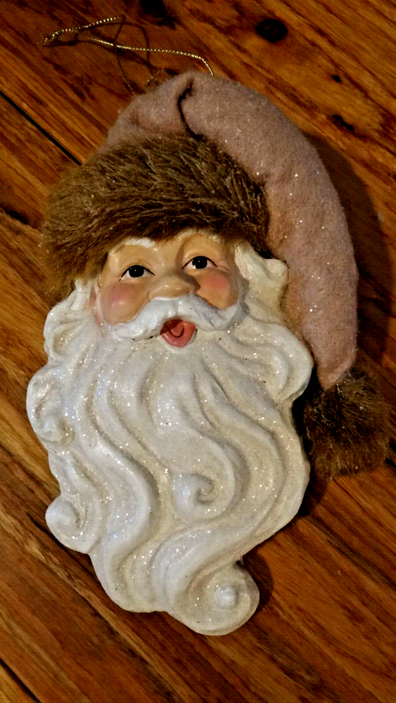 Glitter Resin Santa Head With Brown Faux Fur Trim Accent Christmas Tree Ornament-image