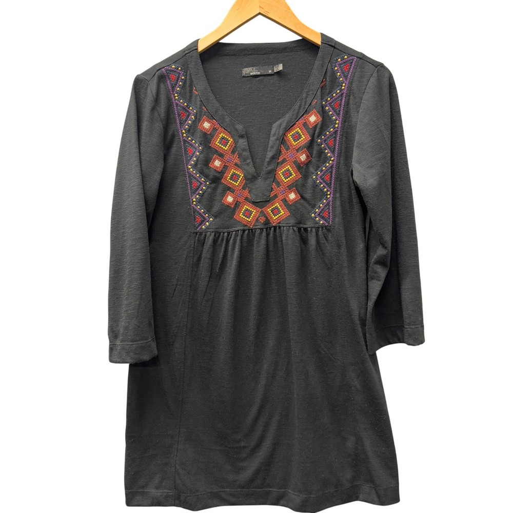 prAna Blouse Womens Medium Black V-Neck Tunic Top 3/4 Sleeve Embroidered Boho