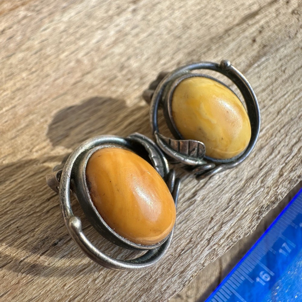 Vintage Genuine Egg Yolk Amber Clip-on Earrings Silver 925