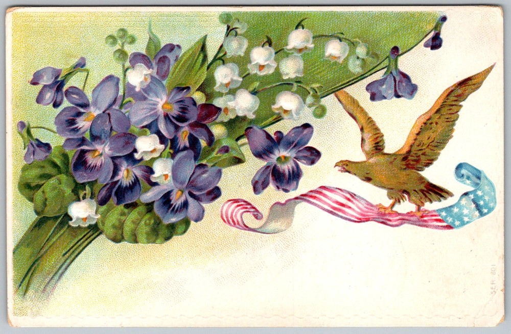 Antique Postcard Violets Lily-of-the-valley Eagle US 1900s