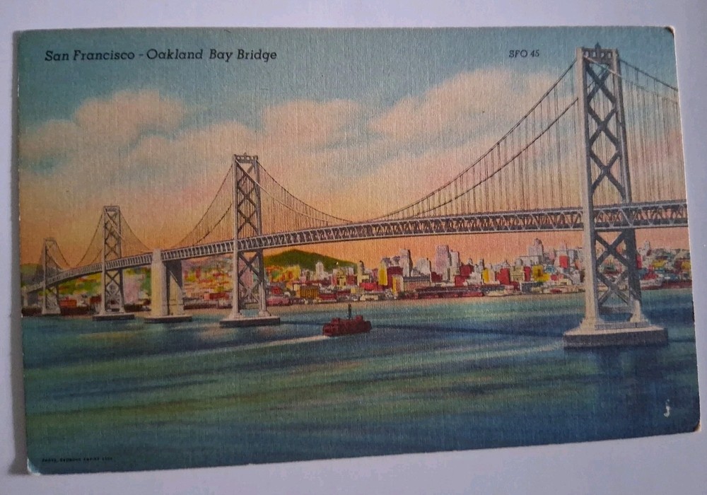 San Francisco California, Oakland Bay Bridge,day View, Vintage Linen Postcard