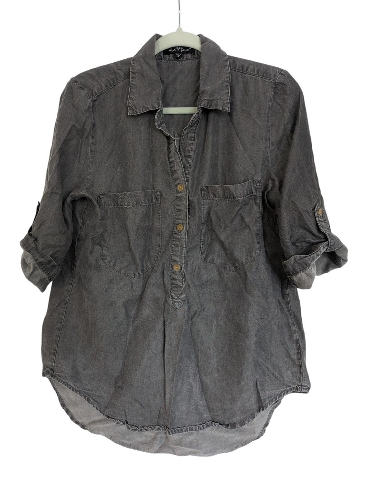 Velvet Heart Womens Shirt 3/4 Sleeve Button Down Neck Chambray Tencel Sz Sm Gray