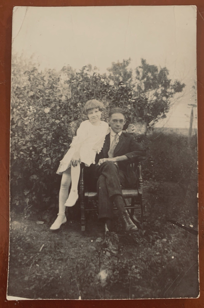 Father and Daughter Sitting Outside, Portrait Real Photo Postcard RPPC