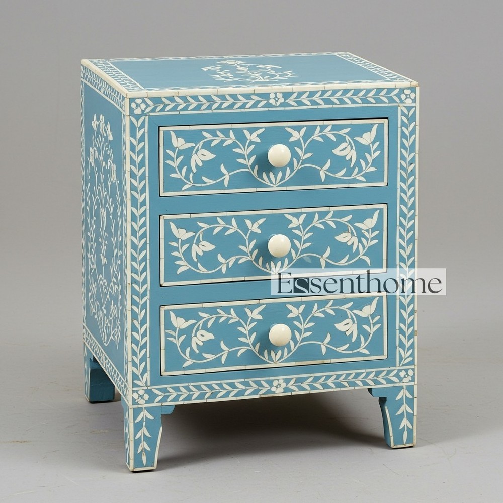 Sky Blue Floral Bone Inlay 3-Drawer Handmade Nightstand