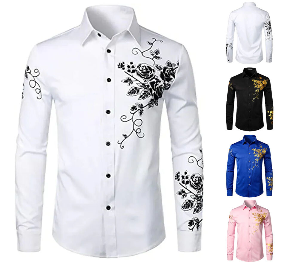 Mens Rose Floral Design Long Sleeve Casual Graphic Shirt
