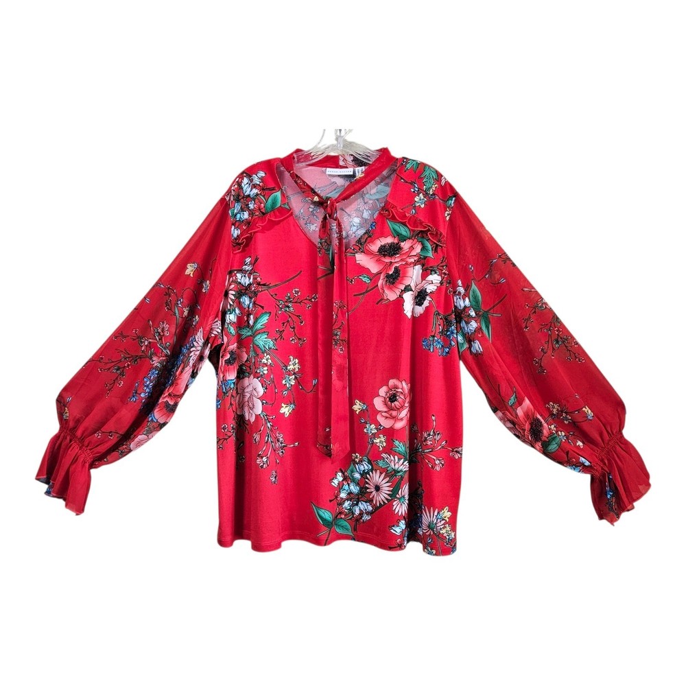 SUSAN GRAVER Plus 2X Tunic Blouse V-Neck Tie Red Floral Long Ruffle Sleeve 52