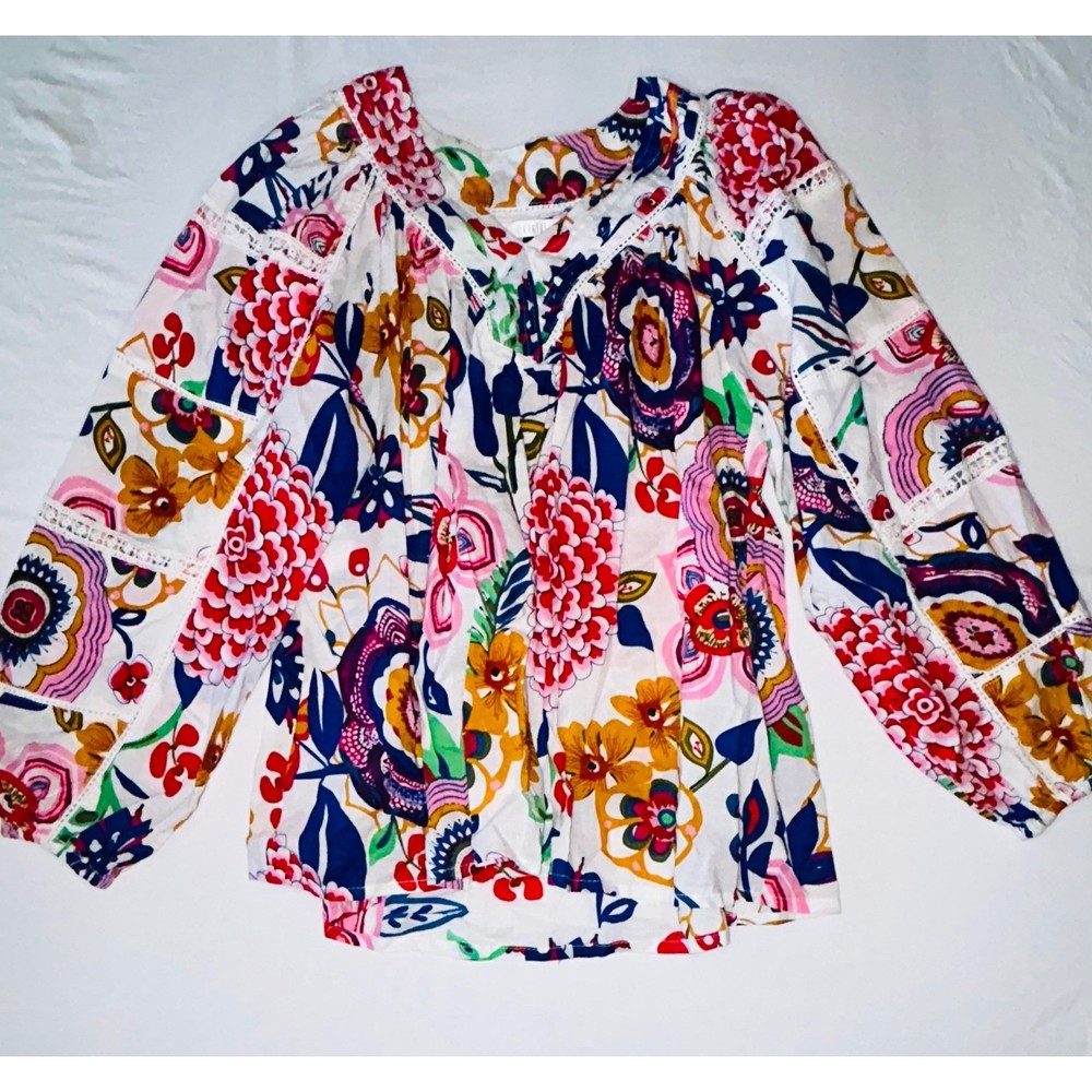 Kaktus Floral Print Blouse Women's Size S Multicolor Cotton Long Sleeve Top