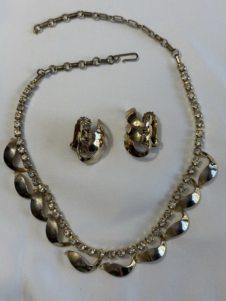 Vintage Gold tone Necklace And Clip on Earring Set With Rhinestones