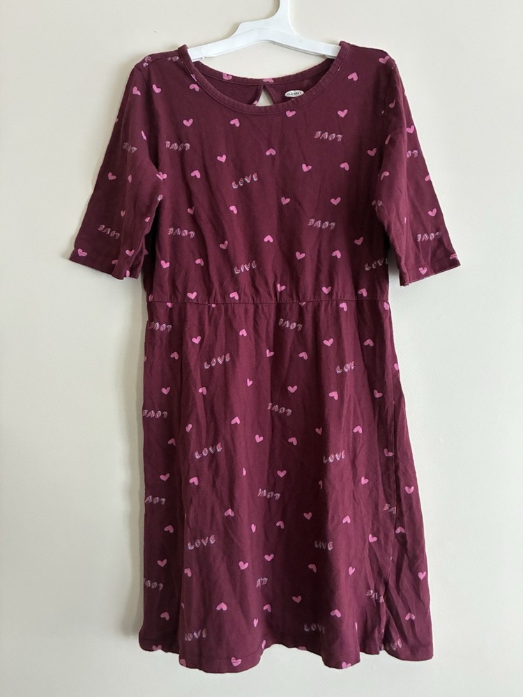 Old Navy Kid Girls Hearts 100% Cotton Fit & Flare Elbow Sleeve Dress Burgundy XL