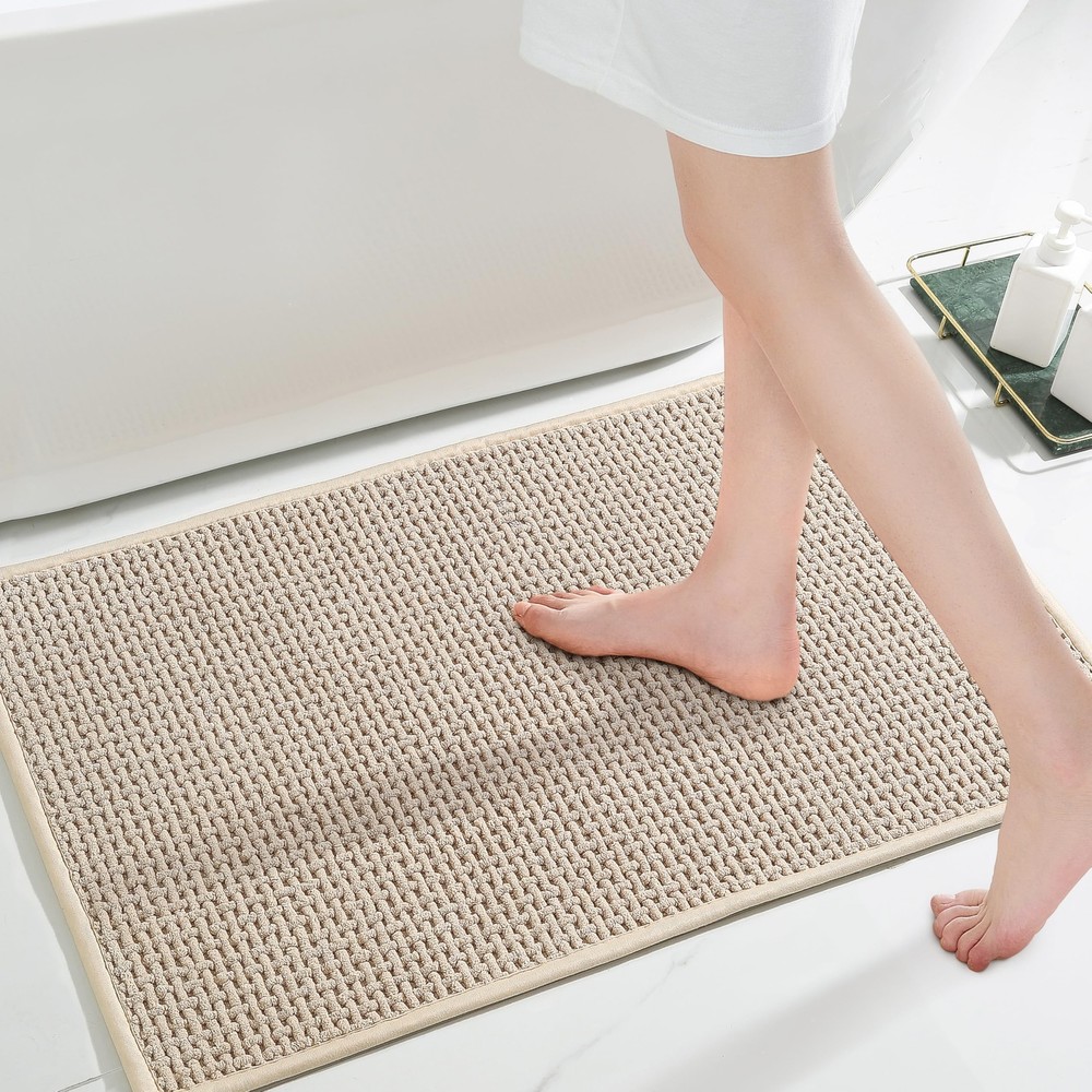 Beige Chenille Non-Slip Bath Mat 24x36 Absorbent Washable Bathroom Rug
