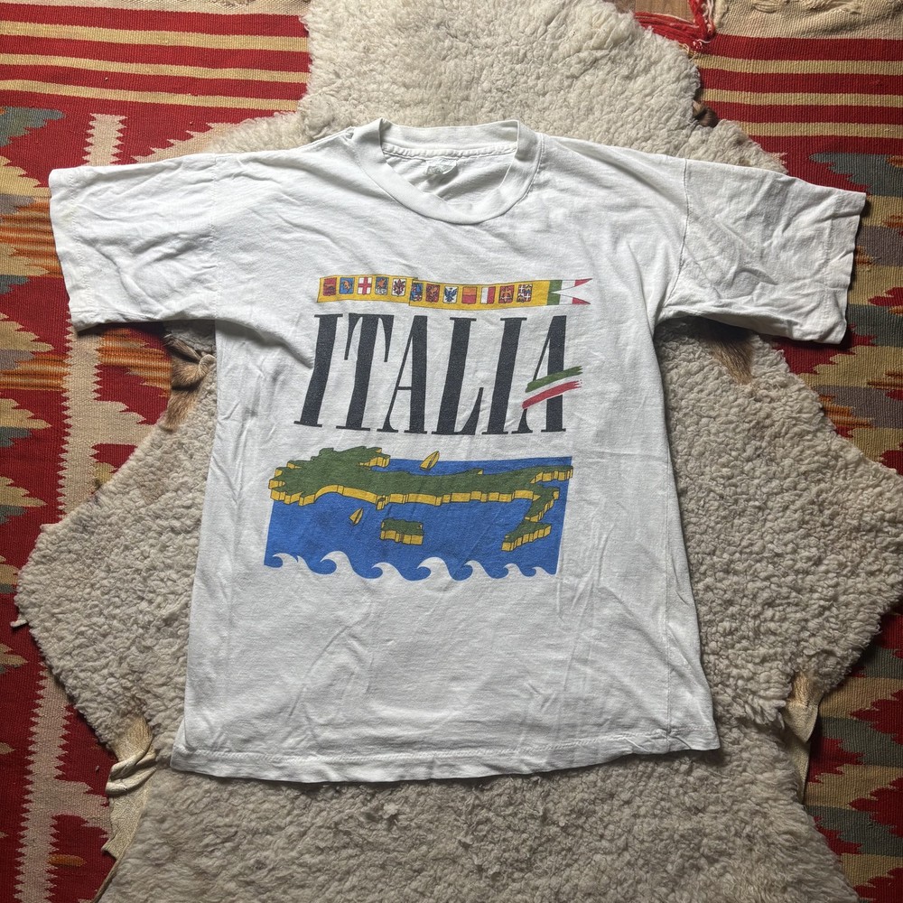 Vintage Italia Italy Map Souvenir Men's White T-Shirt Size XL 80s Single Stitch