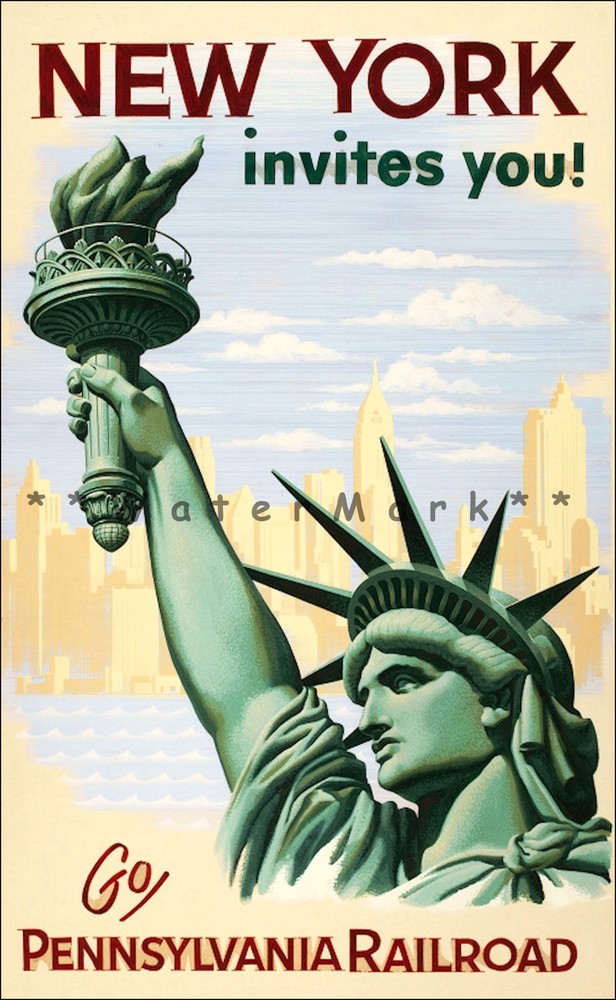 New York Invites You Statue Liberty Pennsylvania Railroad Vintage Poster Print