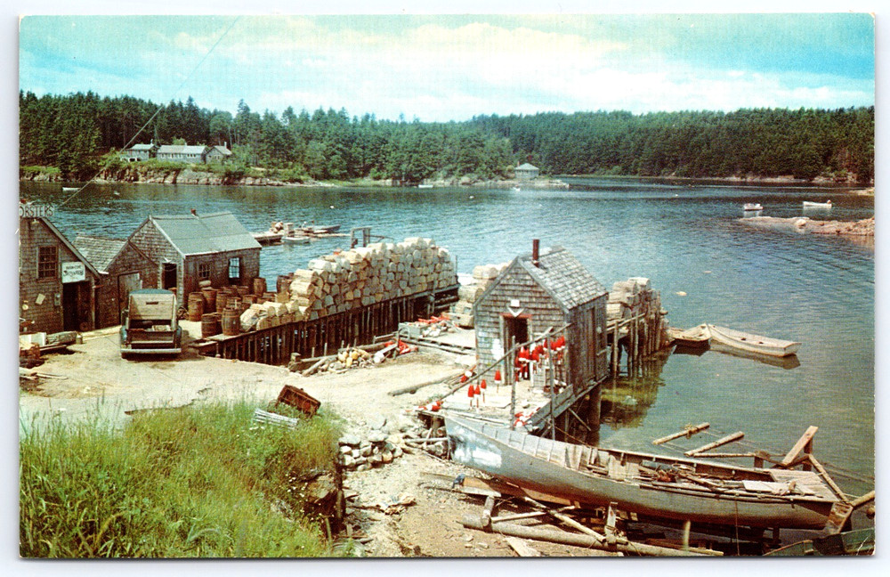 Maine USA Fishing Village Lake Boats Lobster Traps Vintage Photo Postcard