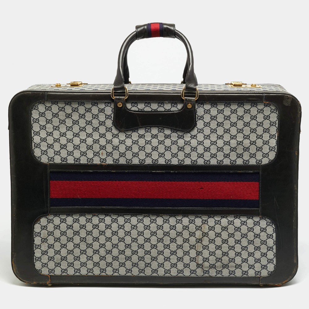 Gucci Dark BrownNavy Blue GG Canvas and Leather Web Trunk Suitcase