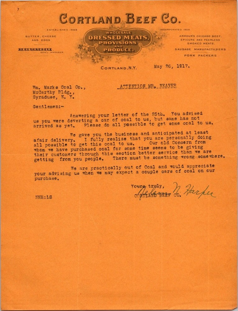 1917 Cortland Beef Co Letterhead Vintage Business Ephemera NY
