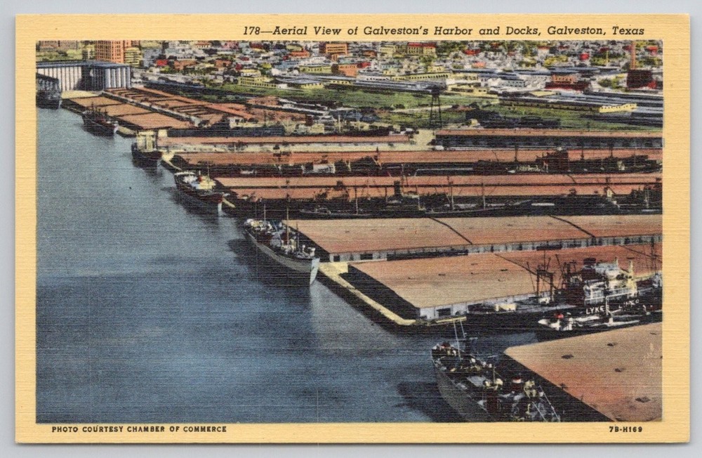 Galveston Texas Aerial Harbor Docks Ships Curteich Linen Postcard Vintage
