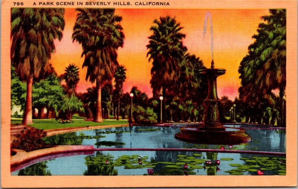 Vintage Beverly Hills CA Park Scene Fountain Palm Trees Linen Postcard