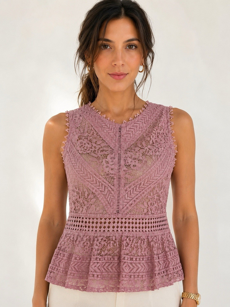 Romeo and Juliet Purple Lace Peplum Top Round Neck Sleeveless Zip M