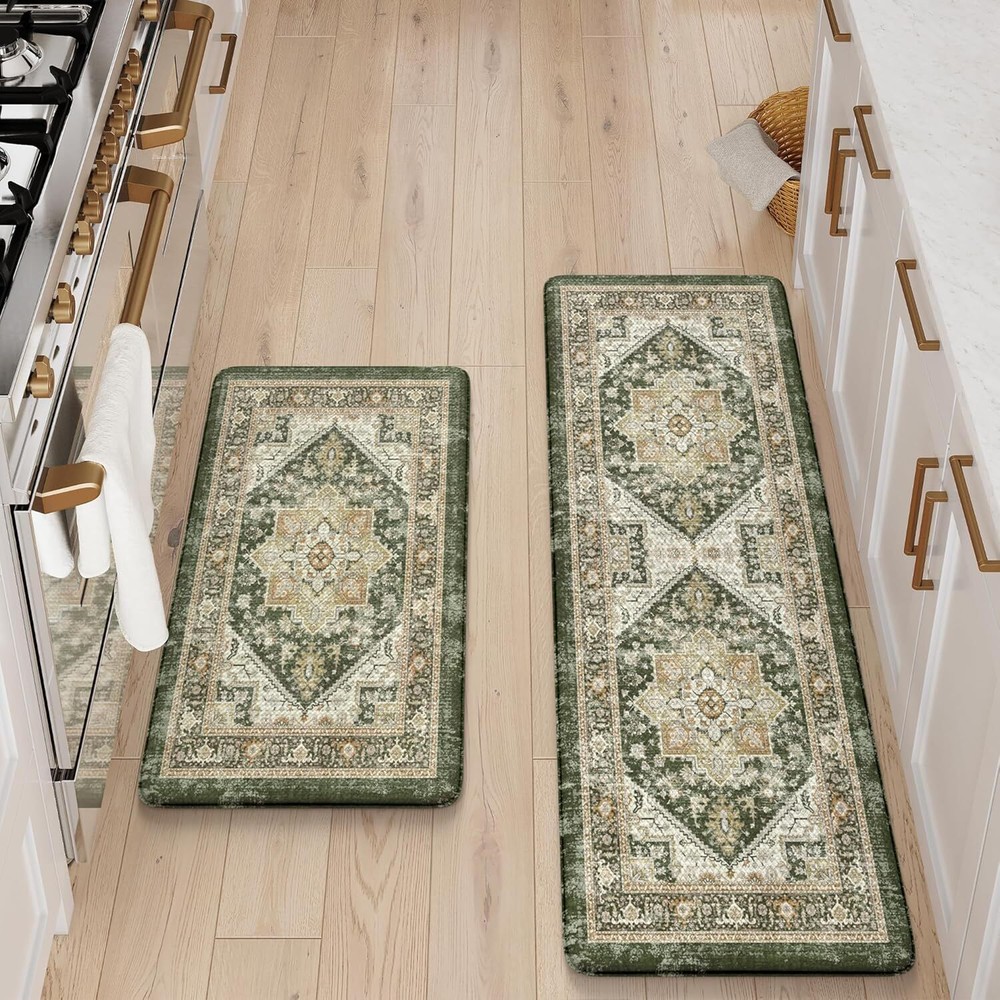 Non-slip anti-fatigue kitchen mat set of 2 green waterproof memory foam floor mats