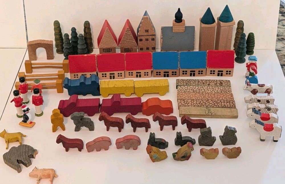 Vintage German Handcrafted Wood Village - Buildings, Animals 58 and extras