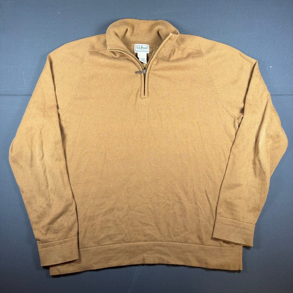 Vintage L.L. Bean Tan 95% Cotton 5% Cashmere Quarter Zip Sweater Medium Regular