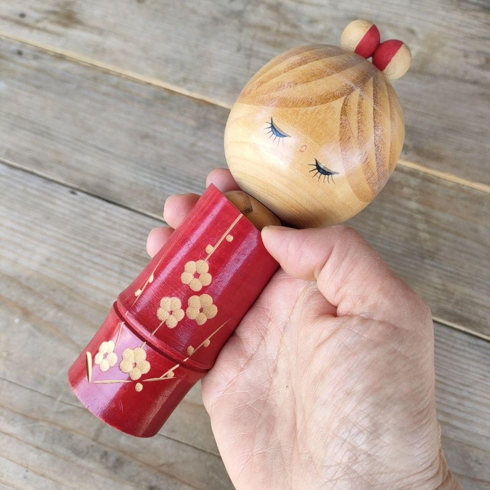 Kazuo Girl Kokeshi Doll Red Ribbon Closed Eyes Handmade Vintage Collectible