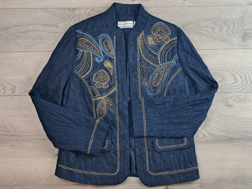 Alfred Dunner Long Sleeve Open Front Collared Jacket Womens Petite 6-P Blue