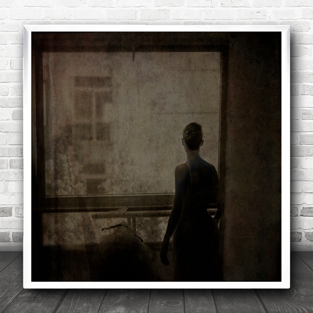 Sepia Texture Portrait Dark Low Key Window Woman Square Wall Art Print