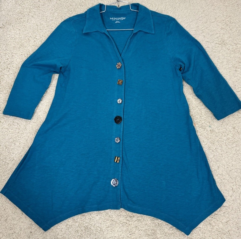 Soft Surroundings Danielle Button Top 3/4 Sleeve Teal Sz M Shark Bite Hem Boho