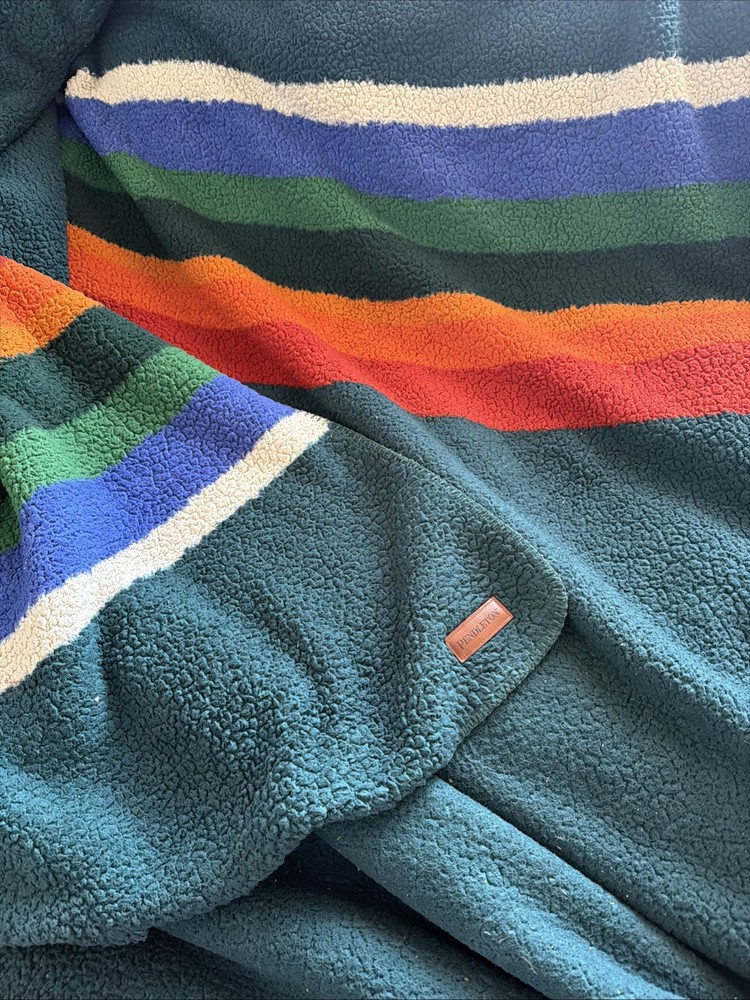 Pendleton Sherpa Fleece Blanket King Multi Stripe Orange Blue Aztec Green
