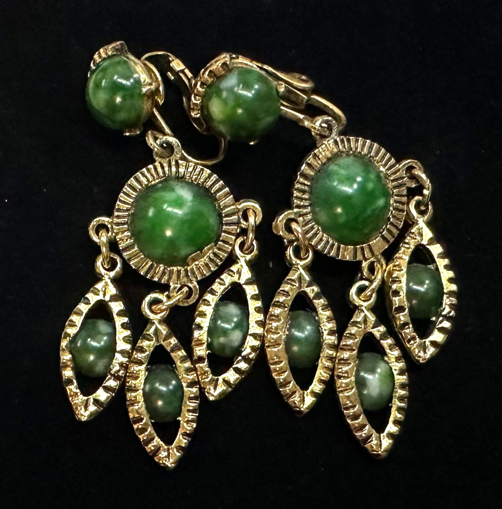 Vtg Costume Green Stone Dangle Gold Tone Clip-on Earrings Jewelry Lot I
