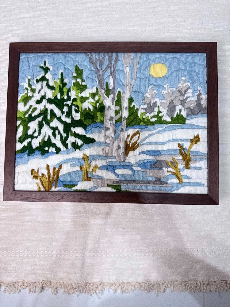 Vintage Needlepoint Landscape Waterfall Mountain Scene Framed Textile Wall Art