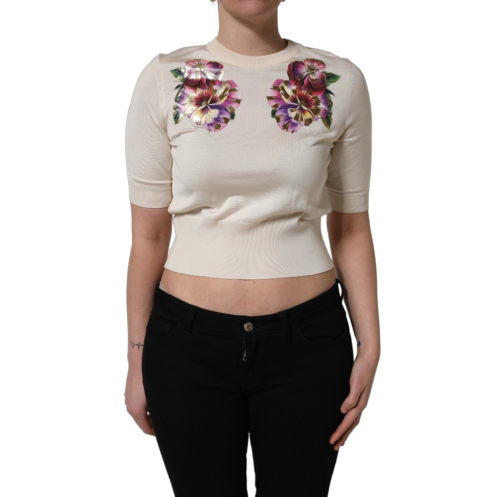 DOLCE & GABBANA Top Beige Floral Print Silk CrewNeck Pullover IT40/US6/S 1050usd