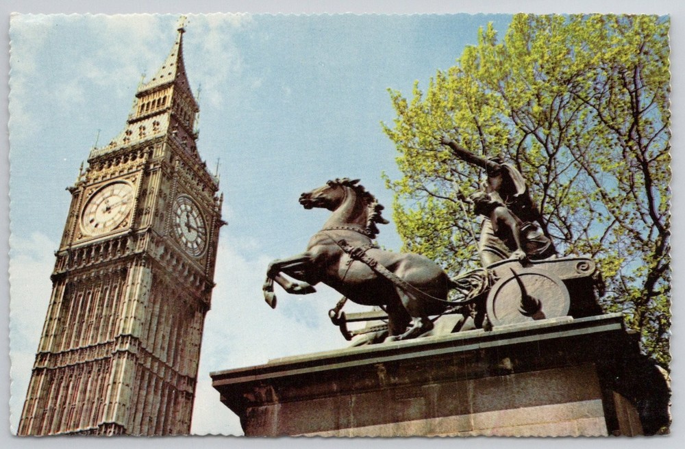 Vintage London Postcard Big Ben and Boadicea Statue Westminster Deckle Edge