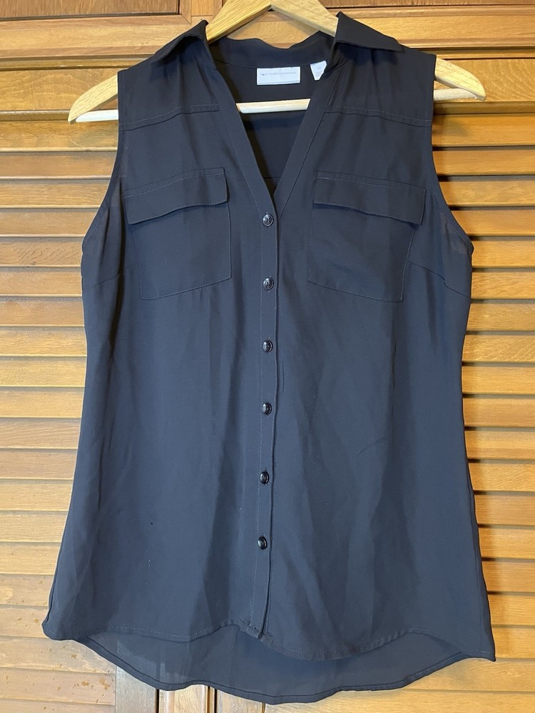 New York & Company Blouse Black Sheer Sleeveless Button Up Front Pockets