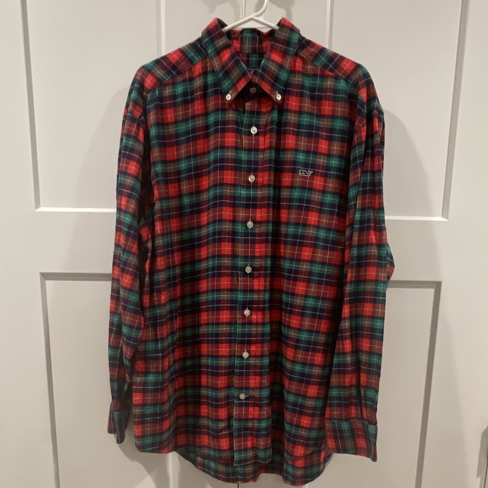 Vineyard Vines Men's L Red Green Blue Plaid 100%Cotton Flannel Whale Button-Down