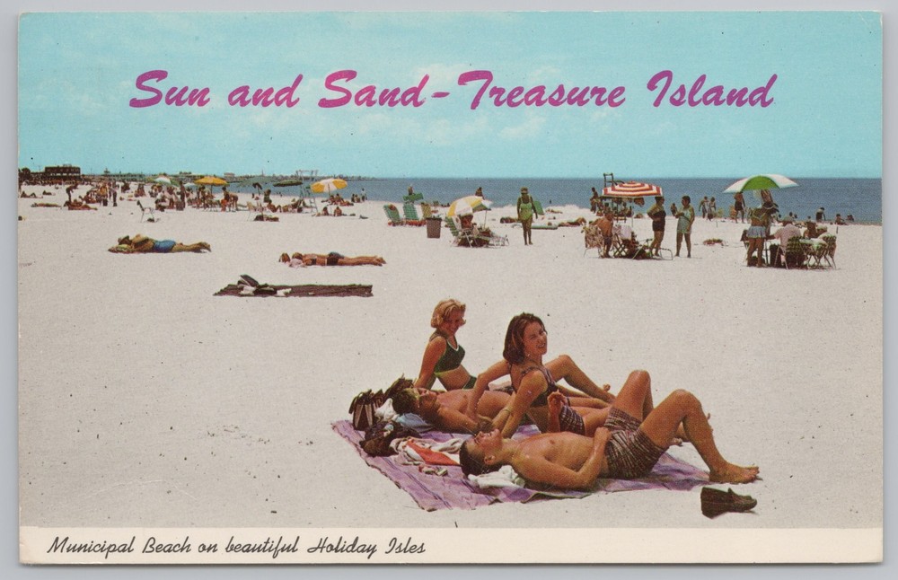 State View~Treasure Island Florida~Sunbathers @ Municipal Beach~Vintage Postcard