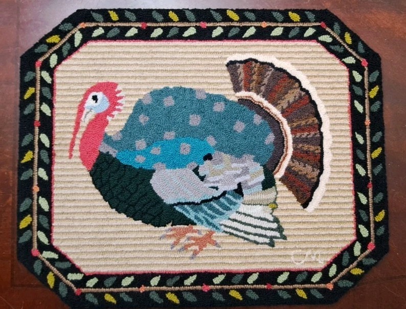 Vintage Claire Murray Rug hand hoocked Signed Thanksgiving Turkey 100% Wool mat
