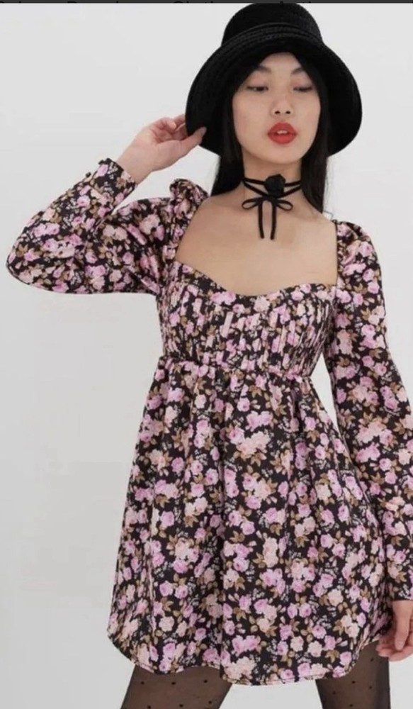 For Love & Lemons Kate Long Sleeve Mini Dress XS NWT Black Pink Floral