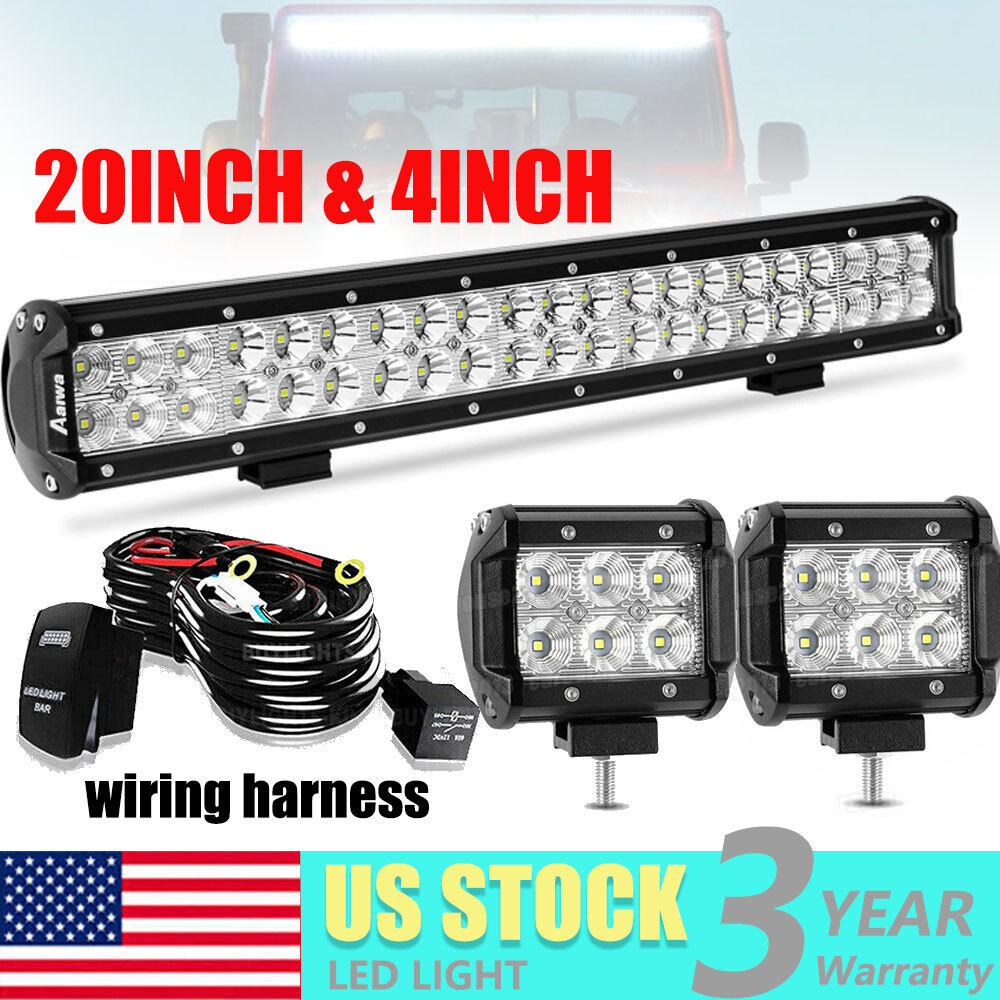 LED Light Bar 20Inch 126w Spot Flood Combo Light with Wiring Harness 4''Pods Kit