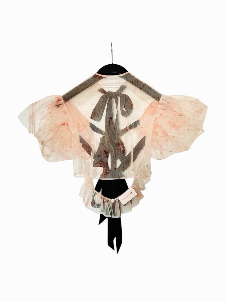 Simone Rocha H&M Sheer Pink Puff-Sleeve Tulle Top with Black Ribbon Detail S
