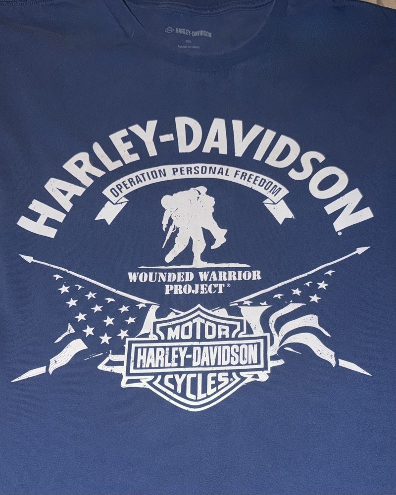 Mens Harley Davidson Motorcycle Wounded Warrior Project Blue  T Shirt Size 2XL