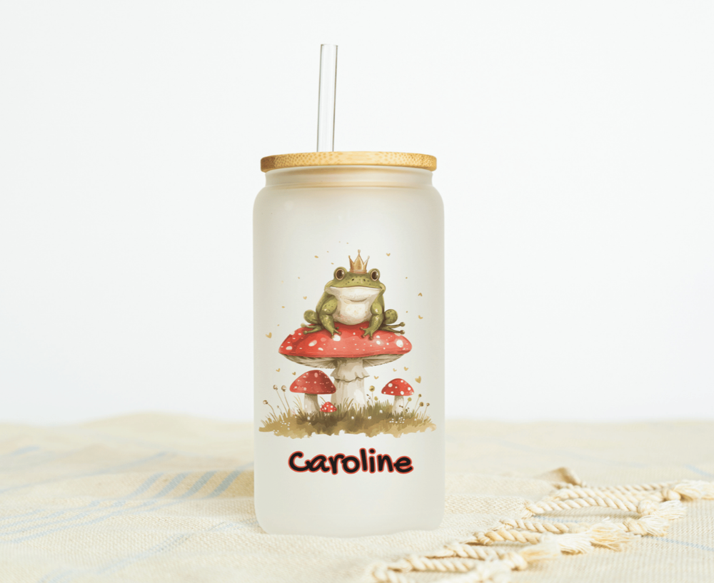 Red Mushroom & Frog Frosted Glass Can With Bamboo Lid 16 Oz Glass Cup by Mugzan