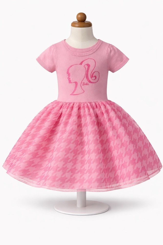 Barbie Pink Fit & Flare Girls' Knee Length Dress M 7-8 Houndstooth Graphic
