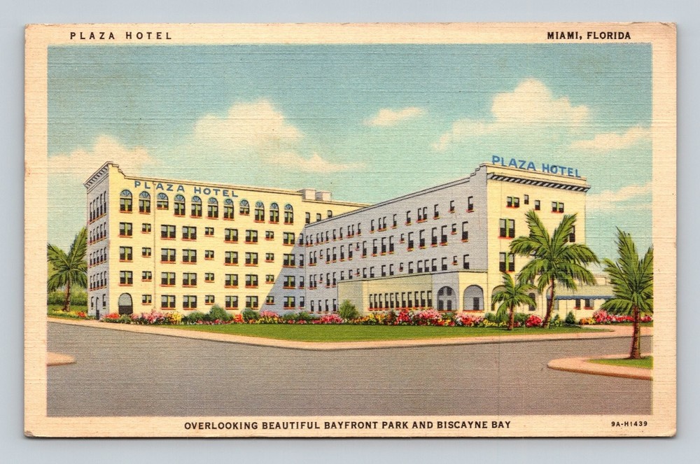 Vintage Plaza Hotel Miami FL Postcard 1947 Curteich Linen Biscayne Bay Park